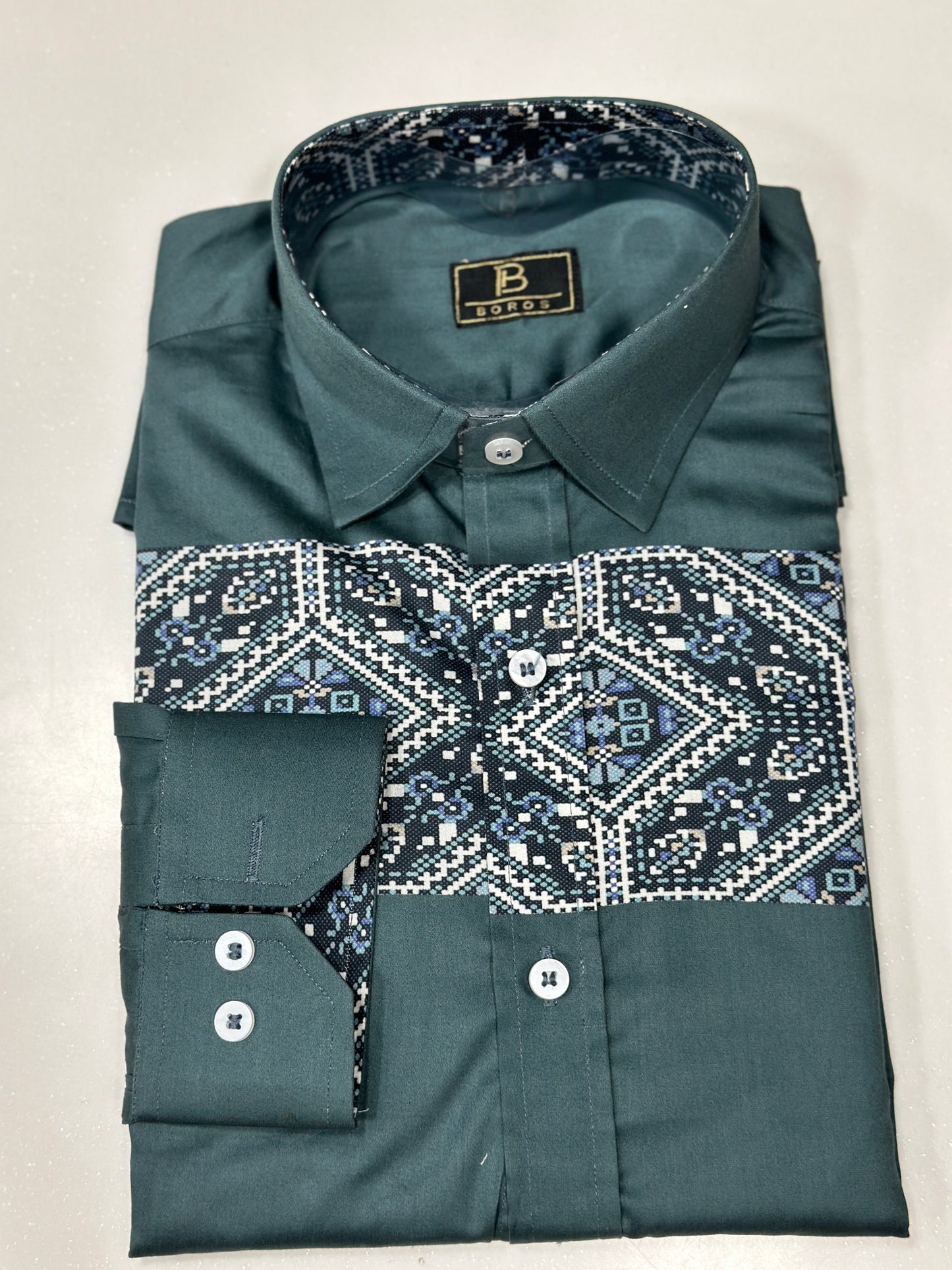 Teal Green Pannel Print Shirt